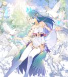  1girl ajahweea bangs bare_shoulders bird blue_eyes blue_hair breasts cleavage crown crystal dress eyebrows_visible_through_hair flower flying gem hair_ornament highres jewelry lake long_hair looking_at_viewer necklace open_mouth original ornate ornate_clothing outdoors palace pale_skin petals plant smile solo thigh-highs vines water waterfall white_dress white_legwear zettai_ryouiki 