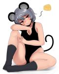  1girl alternate_costume animal_ears bangs black_leotard blush breasts cheese colored food full_body grey_hair grey_legwear hair_between_eyes half-closed_eyes head_tilt highres hips knee_up leotard looking_to_the_side mouse_ears mouse_tail nazrin oozon_(ozon) outline red_eyes short_hair simple_background sitting small_breasts socks solo tail thighs touhou white_background 