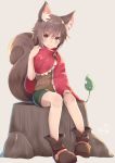  1girl animal_ears blush boots brown_boots brown_eyes brown_hair capelet chita_(ketchup) closed_mouth eyelashes green_shorts hand_on_own_knee hand_on_own_shoulder highres looking_at_viewer original red_capelet short_hair shorts signature sitting solo squirrel_ears squirrel_tail tail 