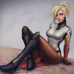 1girl 2016 blue_eyes bodysuit greaves highres lips looking_at_viewer mercy_(overwatch) mirco_cabbia overwatch sitting solo 