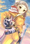  1girl animal_ears bangs blunt_bangs bodysuit breasts cat_ears eyebrows gloves hood long_sleeves looking_at_viewer niyah ribbon short_hair silver_hair smile solo white_gloves xenoblade xenoblade_2 yellow_bodysuit yellow_eyes 