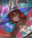  1girl blush breasts cape cleavage hat little_witch_academia open_mouth red_eyes redhead shiny_chariot shiny_rod short_hair smile solo visqi witch witch_hat 