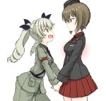  2girls :d anchovy armband blush brown_eyes brown_hair days135 drill_hair garrison_cap girls_und_panzer green_hair hand_holding hat highres multiple_girls nishizumi_maho open_mouth pants sketch skirt smile uniform white_background yellow_eyes 