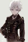  1boy 2017 artist_name bangs black_gloves blue_eyes choker closed_mouth dated gloves grey_background hand_on_hip hibanar long_sleeves looking_at_viewer male_focus nier_(series) nier_automata signature simple_background solo strap upper_body white_hair yorha_no._9_type_s 