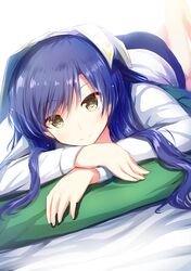  1girl blue_hair brown_eyes commentary_request eyebrows_visible_through_hair highres idolmaster kisaragi_chihaya long_hair long_sleeves looking_at_viewer lying on_back pillow ro_risu shirt solo white_shirt 