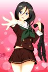  1girl avan_kaiser avankaisar bare_legs belly_peek black_hair blue_eyes blush hibike!_euphonium holding_pantyhose midriff outstretched_arm pantyhose school_uniform solo tanaka_asuka 