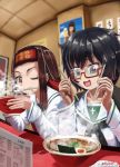  2girls abazu-red bangs black_eyes black_hair blouse blurry bowl brown_eyes brown_hair chopsticks depth_of_field food girls_und_panzer glasses haori headband highres holding indoors japanese_clothes long_hair long_sleeves looking_at_another messy_hair mouth_hold multiple_girls neckerchief noodles one_eye_closed open_mouth oryou_(girls_und_panzer) portrait ramen red-framed_eyewear red_headband reflection restaurant saemonza school_uniform semi-rimless_glasses serafuku short_hair short_ponytail sitting smile solo soup steam twitter_username under-rim_glasses white_blouse 