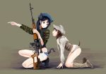  2girls all_fours animal_ears beret black_boots black_eyes black_hair blue_eyes blue_hat blue_panties boots brown_boots brown_hair brown_jacket brown_panties camouflage camouflage_panties cat_ears cat_tail combat_boots dragunov_svd from_side full_body green_jacket grey_background grey_hat grey_jacket grey_panties gun hat holding holding_weapon jacket kneeling long_hair long_sleeves looking_at_another looking_back mame_(yumiko174) multiple_girls no_pants one_knee original panties parted_lips pointing rifle scope short_hair sniper_rifle squatting striped striped_panties tactical_clothes tail underwear vest weapon world_witches_series 