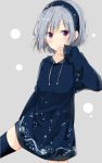  1girl bangs blue_legwear blush covering_mouth cowboy_shot dress eyebrows_visible_through_hair grey_background hairband hand_up hood hoodie looking_at_viewer original shiina_kuro short_hair silver_hair simple_background sleeves_past_wrists solo sweater sweater_dress thigh-highs violet_eyes 