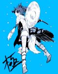  1boy bandage blue_background blue_hair full_body hair_between_eyes hat highres holding holding_weapon japanese_clothes kiwame_(touken_ranbu) long_hair male_focus monochrome sandals sayo_samonji shorts sketch solo sword touken_ranbu utsumi62 weapon 