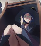  1girl blue_hair boots clenched_teeth closed_eyes dress glasses haruyama_kazunori hat knees_together_feet_apart little_witch_academia panties pantyshot pantyshot_(sitting) short_dress sitting teeth under_table underwear ursula_(little_witch_academia) witch_hat 