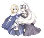  2girls absurdres ahoge armor armored_dress black_gloves blonde_hair blue_eyes braid capelet chains commentary_request fate/apocrypha fate/grand_order fate_(series) faulds fur_trim gauntlets gloves headpiece highres jeanne_alter long_hair looking_at_viewer masyu_(masyumaro0329) multiple_girls ruler_(fate/apocrypha) simple_background single_braid thigh-highs white_background white_hair yellow_eyes 