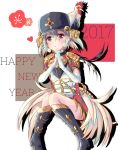  1girl 2017 bird blush chicken doran_(dorannomai) epaulettes gloves gradient_hair green_hair hands_together happy_new_year hat highres mahou_shoujo_ikusei_keikaku mahou_shoujo_ikusei_keikaku_limited multicolored_hair new_year postarie short_hair sitting solo white_gloves 