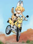  1girl animal_ears bare_shoulders blonde_hair blush boots bow bowtie cat_ears cat_tail elbow_gloves gloves ground_vehicle kakizaki_(chou_neji) kemono_friends looking_at_viewer motor_vehicle motorcycle open_mouth serval_(kemono_friends) serval_ears serval_print serval_tail short_hair skirt sleeveless solo tail thigh-highs yellow_eyes 