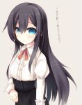  1girl ai_takurou alternate_costume asashio_(kantai_collection) black_hair blouse blue_eyes blush breasts commentary_request flying_sweatdrops frilled_sleeves frills hair_between_eyes kantai_collection long_hair meme_attire neck_ribbon red_ribbon ribbon simple_background solo straight_hair translated virgin_killer_outfit white_blouse 
