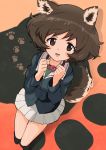  1girl :3 :d akiyama_yukari animal_ears bangs black_jacket black_shoes blue_jacket blush brown_eyes brown_hair buckle buttons clenched_hands collar dog_collar dog_ears dog_tail dot_nose eyebrows eyebrows_visible_through_hair from_above full_body girls_und_panzer green_shirt hands_up highres jacket kemonomimi_mode kneehighs long_sleeves looking_at_viewer looking_up messy_hair military military_uniform miniskirt okayparium open_mouth orange_background paw_print pleated_skirt pocket shadow shiny shiny_hair shiny_skin shirt shoes short_hair skirt smile socks solo standing tail tareme uniform white_skirt 