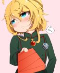  1girl ahoge blonde_hair blue_eyes blush gift hair_between_eyes horoooo looking_away medal military military_uniform short_hair solo tanya_degurechaff uniform upper_body valentine youjo_senki 