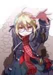  1girl ahoge blonde_hair blue-framed_eyewear dark_persona fate/grand_order fate_(series) gift_card glasses google heroine_x heroine_x_(alter) highres jacket kyouna looking_at_viewer pile plaid plaid_scarf red_scarf saber scarf school_uniform simple_background smile solo white_background yellow_eyes 
