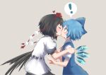  ! 2girls black_hair black_ribbon black_skirt black_wings blue_dress blue_eyes blue_ribbon blush cirno closed_eyes collared_shirt couple dress female grey_background hair_ribbon hat heart highres ice ice_wings juliet_sleeves kiss long_sleeves low_wings multiple_girls neck_ribbon pom_pom_(clothes) puffy_sleeves red_ribbon ribbon roke_(taikodon) shameimaru_aya shirt short_hair short_sleeves simple_background skirt sleeveless sleeveless_dress spoken_exclamation_mark surprised tokin_hat touhou white_shirt wings yuri 