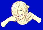  1boy blonde_hair blue_background chromatic_aberration clenched_teeth green_eyes hair_over_one_eye half_updo hiwakana6121 male_focus mouth_pull teeth thumbs_down yuri!!!_on_ice yuri_plisetsky 