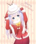  antlers blue_eyes blue_hair capelet christmas gochuumon_wa_usagi_desu_ka? hair_ornament highres kafuu_chino merry_christmas pom_pom_(clothes) reindeer_antlers ribbon runamochi santa_costume tippy_(gochuumon_wa_usagi_desuka?) x_hair_ornament yellow_ribbon 