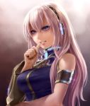  bare_shoulders blue_eyes breasts bust clenched_teeth detached_sleeves eyelashes hands headphones lips long_hair megurine_luka nail_polish ornate pink_hair solo vocaloid yahako 