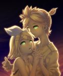  bare_shoulders blonde_hair blush brother_and_sister eye_contact glowing glowing_eyes green_eyes hand_holding hands holding_hands kagamine_len kagamine_rin kunieda ponytail short_hair siblings star stars twins vocaloid 
