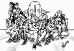  1girl 6+boys family giorno_giovanna hat higashikata_jousuke higashikata_jousuke_(jojolion) highres johnny_joestar jojo_no_kimyou_na_bouken jojolion jonathan_joestar joseph_joestar_(young) kuujou_jolyne kuujou_joutarou monochrome multiple_boys official_style soft_&amp;_wet stand_(jojo) steel_ball_run takadahide 