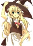  apron bad_id blonde_hair braid green_eyes hair_ribbon hand_on_hat hand_on_hip hat kirisame_marisa kyoumo_baito long_hair looking_up ribbon side_braid simple_background sketch smile solo touhou waist_apron witch_hat 