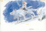  ghibli highres mask mononoke_hime night official_art polearm production_art riding san spear studio_ghibli traditional_media watercolor_(medium) weapon wolf 