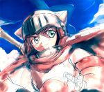  armor bad_id brown_hair cape cloud clouds green_eyes haou_taikei_ryuu_knight helmet rondo_bell sky sword weapon 