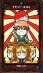  blonde_hair brown_hair chibi closed_eyes earrings fate/stay_night fate/tiger_colosseum fate_(series) fujimura_taiga highres jewelry keikenchi long_sleeves open_mouth saber saber_lion scan short_hair smile sun tarot 