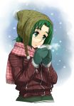  beanie breath cold enoshima_iki futari_wa_pretty_cure gloves green_eyes green_hair hat jacket leather_jacket leatherjacket mittens muffler precure scarf snow solo winter winter_clothes yes!_precure_5 