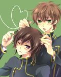  bad_id brown_hair code_geass ear_pull green_eyes hair_pull karu kururugi_suzaku lelouch_lamperouge male purple_eyes violet_eyes wince wink yuzuki_karu 