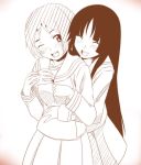  bangs blunt_bangs brown date_(artist) ga-rei ga-rei_zero hime_cut hug hug_from_behind isayama_yomi monochrome multiple_girls school_uniform serafuku tsuchimiya_kagura 