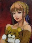  bare_shoulders blonde_hair brown_eyes fate/stay_night fate_(series) hair_ribbon hair_ribbons lion mister_donut moe_lion oil_painting_(medium) pon_de_lion ribbon ribbons saber stuffed_animal stuffed_toy tafuto traditional_media work_in_progress 