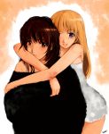  bad_id blonde_hair blue_eyes brown_eyes brown_hair face hug multiple_girls naked_towel nobusnow original towel yuri 