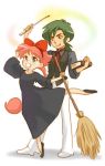  1girl ahiru ballet_slippers blue_eyes book bow broom cosplay couple fakir freckles green_hair hair_bow kiki kiki_(cosplay) lowres majo_no_takkyuubin orange_hair parody ponytail princess_tutu studio_ghibli uzuinu wand 