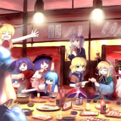  food hakurei_reimu hinanawi_tenshi ibuki_suika konpaku_youmu mizuhashi_parsee nagae_iku outstretched_arms reisen_udongein_inaba restaurant saigyouji_yuyuko spread_arms touhou yasaka_kanako 