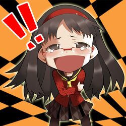  :d amagi_yukiko black_eyes black_hair chibi glasses hairband laughing open_mouth pantyhose persona persona_4 school_uniform smile tears watabow 