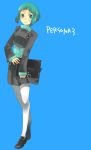  colored_eyelashes green_eyes green_hair laptop loafers menoko pantyhose persona persona_3 ribbon school_uniform short_hair simple_background smile solo white_legwear white_pantyhose yamagishi_fuuka 