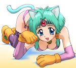  animal_ears aqua_hair bell blue_eyes blush boots breasts cat_ears cat_pose cat_tail circlet cleavage elbow_gloves gloves haou_taikei_ryuu_knight paffy_pafuricia panties paw_pose paws smile tail thigh-highs thighhighs ueyama_michirou underwear 