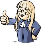  fallout fallout_3 glasses jumpsuit long_hair lowres parody perrine_h_clostermann smile strike_witches thumbs_up vault_boy what wink 