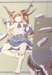  barefoot bottle bow brown_eyes chain cuffs drunk feet flat_chest from_above gourd hair_bow hakurei_reimu ibuki_suika lying midriff motokage neck_ribbon on_back orange_eyes ribbon skirt sleeping sleeveless_shirt tatami tokyo touhou 