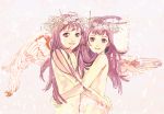  119 angel angel_wings flower hug long_hair nude purple_eyes purple_hair ribbon ribbons siblings smile twins violet_eyes wings 