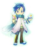  blue_eyes blue_hair chibi cloak eating food ice_cream kaito lowres male mouth_hold na2 scarf short_hair simple_background solo standing vocaloid 