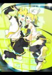  blue_eyes kagamine_len kagamine_rin microphone open_mouth ribbon ribbons siblings twins utako vocaloid wink 