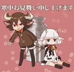  brown_hair cow cow_girl cow_print cowgirl emdo_(norabbit) horns lowres milk milk_can norabbit original ox smile thighhighs translation_request white_hair 