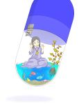  aquarium barefoot brown_hair capsule cel_shading cell_shading diode dress drugs fish flying hair_ornament hairclip in_container jewelry kneeling levitate medallion minigirl necklace pill plant plants purple_eyes sign trapped violet_eyes warning_sign water 