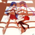  black_legwear blue_hair closed_eyes hair_ribbon hand_holding hiiragi_kagami holding_hands izumi_konata light long_hair lucky_star multiple_girls nobusnow on_back on_side pleated_skirt purple_hair ribbon school_uniform serafuku skirt sleeping socks thigh-highs thighhighs twintails very_long_hair zettai_ryouiki 